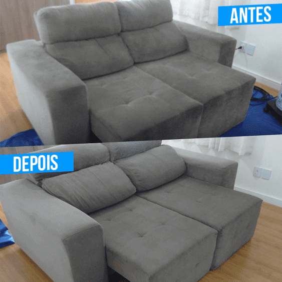 Sofá cinza antes e depois da limpeza